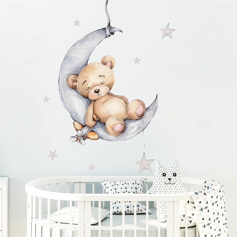 Cartoon Teddy Bear Sleeping On The Moon And Stars Wall Stickers For Kids Room Baby Room Decoration Wall Decals Room Interior Wall Stickers Aliexpress
