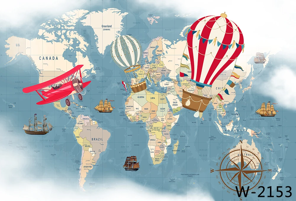 HUAYI карта мира Приключения ждёт день рождения фон воздушный шар старый самолет дети 1-й День Рождения Вечеринка фото фон Фотофон