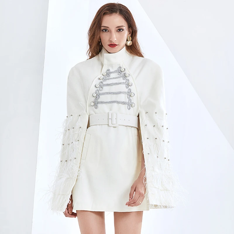 

Sashes Pearl Casual Coats For Women Turtleneck High Waist Patchwork Feather Jacket Female Fashion New Clothes 2021