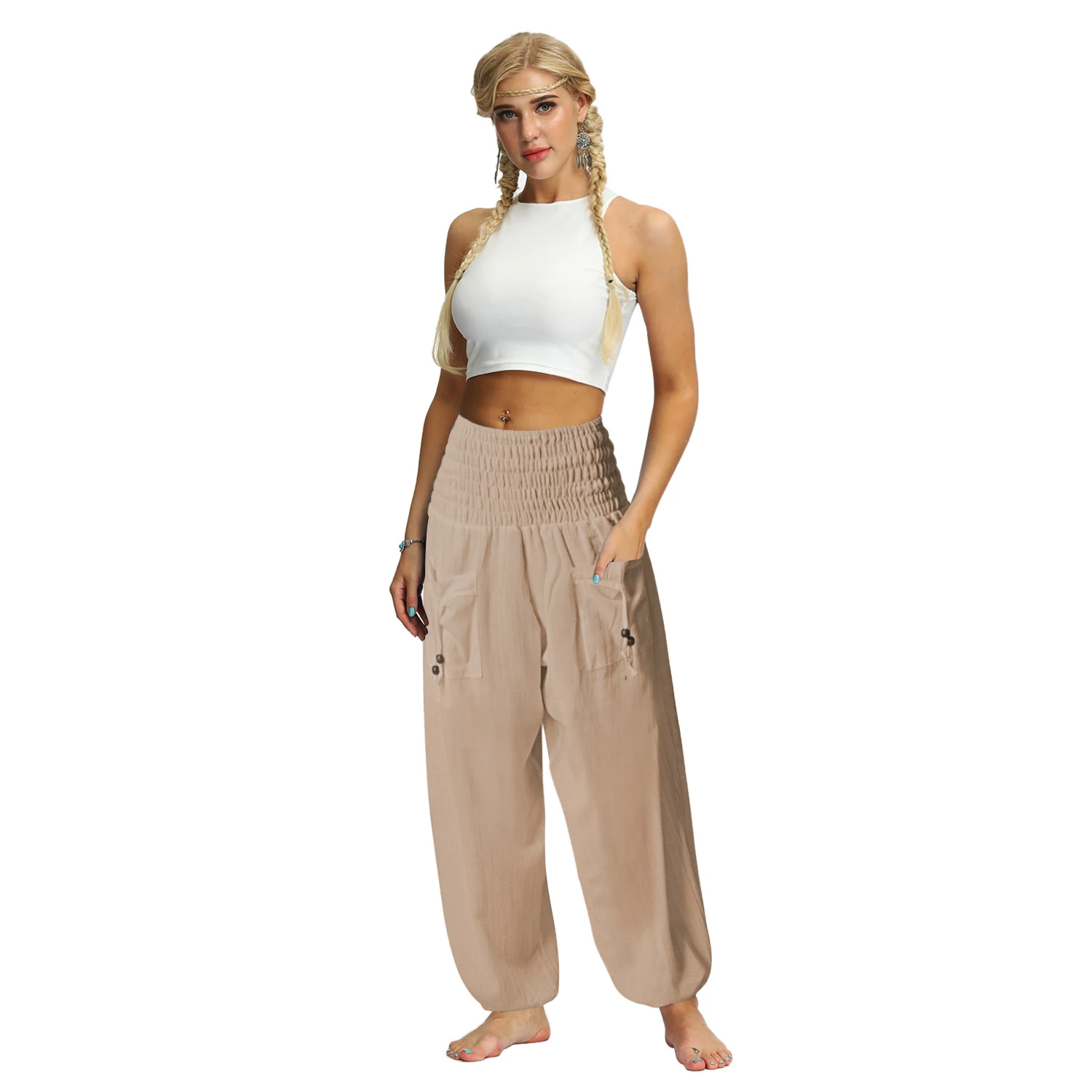 Summer Women High Waist Pants Casual Solid Long Trousers Elastic Waist Loose Harem Pants capri dress