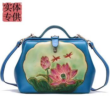 

Handmade carved leather handbag doctor bag leather carved lotus China fashion retro handbag new bag