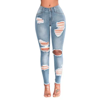 

2019 New Irregular Personality Holes Jeans Pancil Pants Women High Waist Slim Ripped Denim Jeans Casual Stretch Sexy Trousers #B