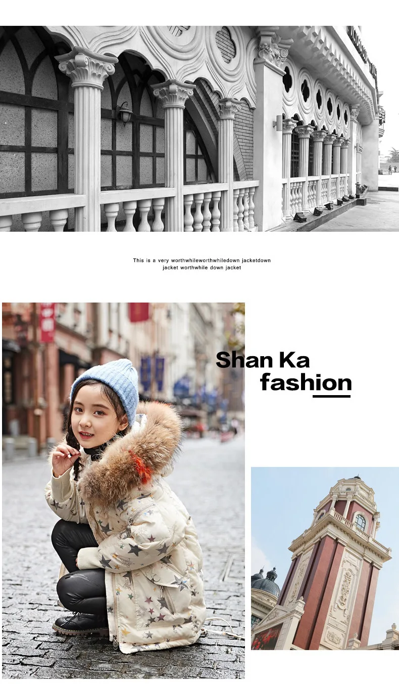 Пуховик для девочек 4-12 лет, новая детская зимняя Модная парка в Корейском стиле со звездами, детское теплое длинное пальто с меховым воротником и капюшоном