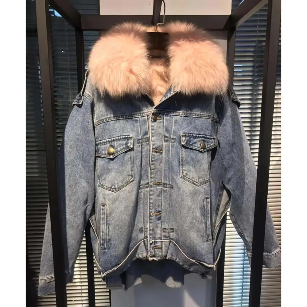 JAZZEVAR Зима новое поступление джинсовая куртка женская с меховым воротником модный стиль высокое качество женские куртка для зима W9084 - Цвет: pink P02