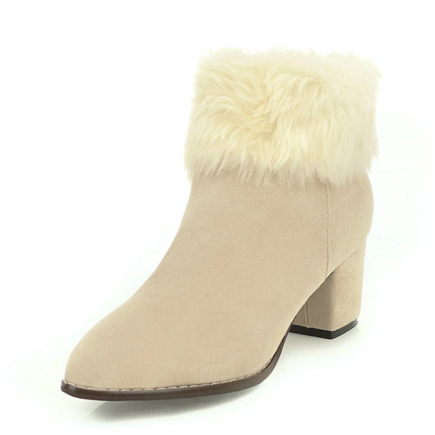 

2020 Scrub Plush Ankle Boots Round Toe Square High Heel Casual Women Shoes Winter Warm Fur Zipper Short Boots Size 34-39