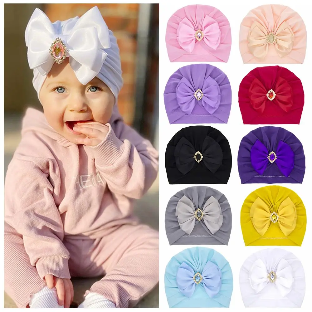 Solid Color Baby Hat Big Bowknot Girl Hat Turban Knot Head Wraps with Rhinestone Kids Bonnet Beanie Newborn Photography Props