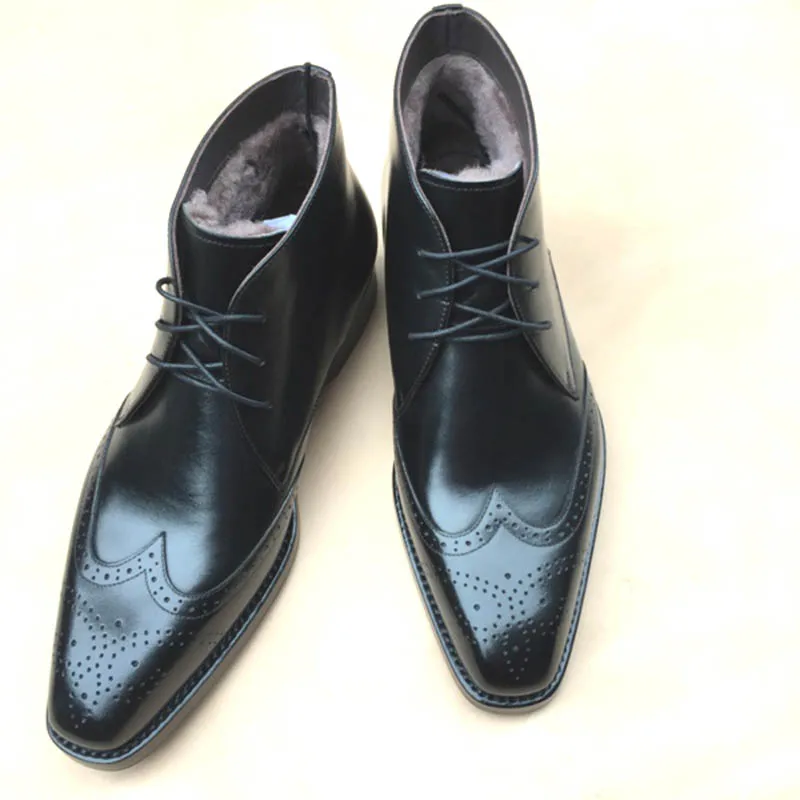 Sipriks/мужские зимние ботинки из импортной телячьей кожи; теплые шерстяные ботинки; итальянская ручная работа; прошитая зимняя обувь; Винтажная обувь - Цвет: Черный