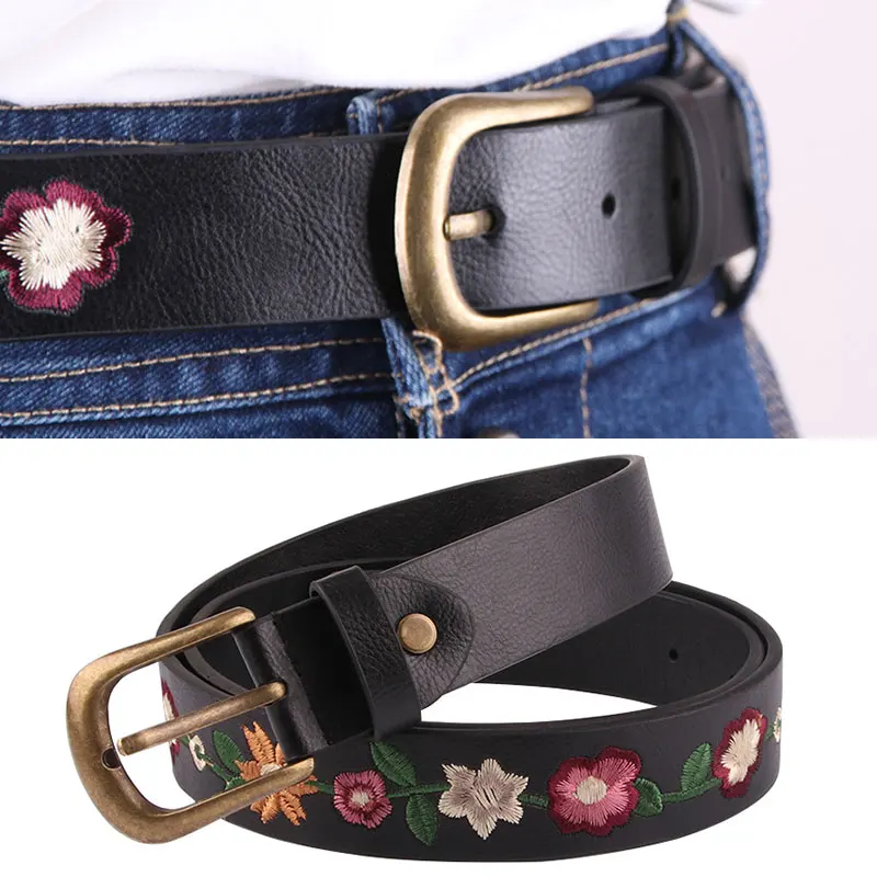 

Women Vintage Belt Embroidery Flowers Bronze Alloy Buckle Classical Chinese Style PU Leather Dress Waistband Decorative Belt