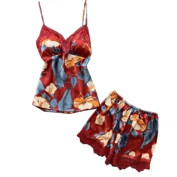 

2PCS Women Lounge Lace Summer Pyjama Set Floral Print Satin Sleepwear Pajama X3UE