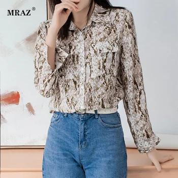 

2020 Autumn New Style Mulberry Silk Long-sleeved Shirt Female Snakeskin Printed Loose Elegant Fashion Silk Blouse Women