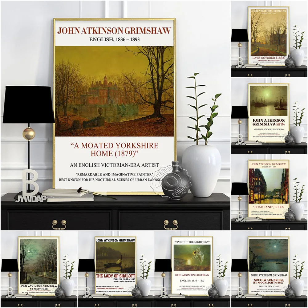 

John Atkinson Grimshaw Exhibition Museum Poster Nighttime Cityscape Canvas Painting Lounge Office Studio Wall Picture Home Decor