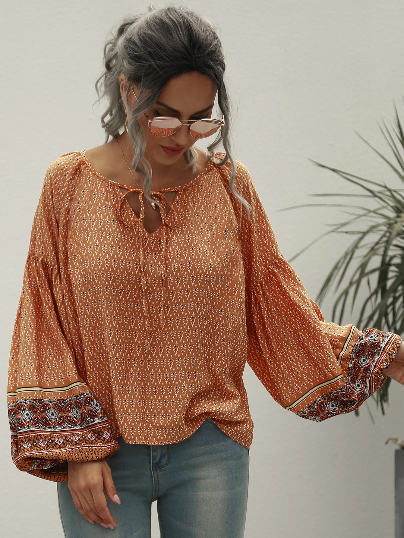 Women's Retro Blouses Tops Long Sleeve Bohemian Printed Tops Lace Up Lantern Sleeve Fall Loose Casual Shirts off the shoulder shirts & tops