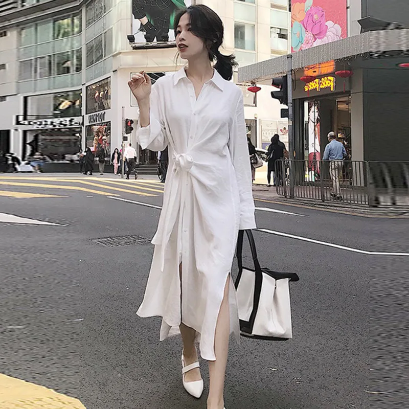 

Autumn New Shirt Dress Female 2019 Long Sleeve Cotton Fashion Women Dress Solid Color Casual Korean Style Women Clothing C858