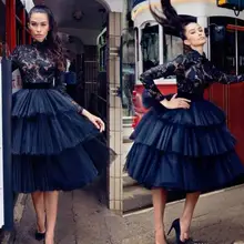 Темно-синие платья с высокой горловиной для выпускного вечера кружевное платье с длинным рукавом Многоуровневое до колен вечер встречи выпускников длинное вечернее платье Простые узоры платья