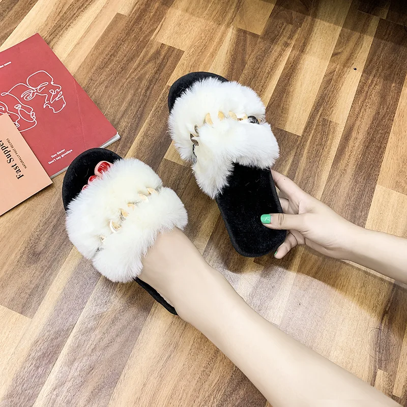 

New Plush Slippers Omega-Thick Velvet Plush Wear-Resistant Women's Word Indoor Anti-Slip Women's Slippers