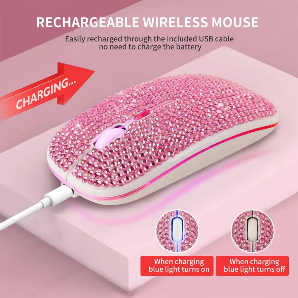 

Rhinestone Crystal Rechargeable Wireless Dual Mode 2in1 Blue-tooth 5.0 + 2.4Ghz 1600DPI LED Mouse Optical Mice for PC Laptop