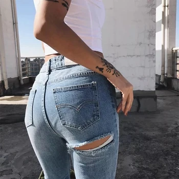 

2018 Spring Ankle-length Pants Middle wait Pencil Jeans hip ripped pencil jeans streetwear