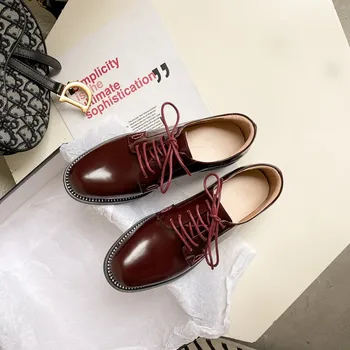 

MLJUESE 2020 women pumps autumn spring soft cow leather lace up wine red color rivets round toe low heels lady shoes party