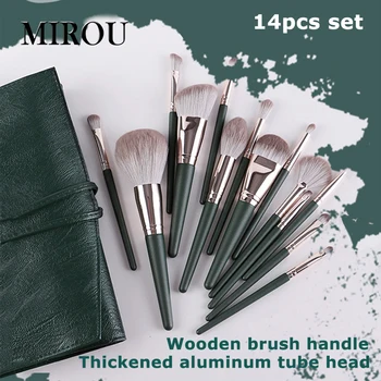 

14 pcs green makeup brushes high-quality professional cosmetic bag lashes eyelashes