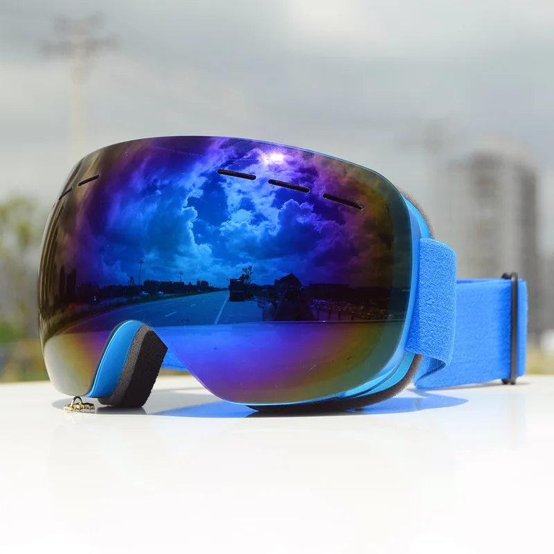 Лыжные очки Анти-Туман UV400 профессиональные большие сферические мужские и женские снежные очки для спорта на открытом воздухе катания на лыжах - Цвет: blue lens