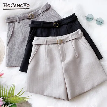 

Women Summer Cotton Shorts High Waisted Wide Leg Short Shorts Office Lady Elegant Loose Sashes Mini Black Khaqi Shorts 2020