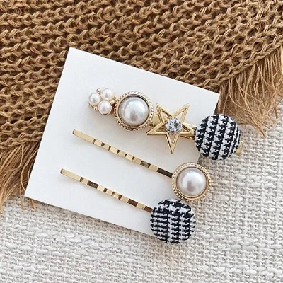 New 3pcs/1Set Korea Vintage Imitiation Pearl Hairpins Fashion Hair Accessories Houndstooth Button Imitiation Pearl Hair Clips - Цвет: D