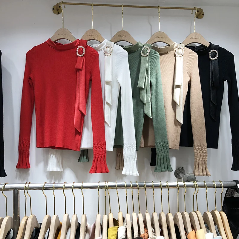 Темперамент лук свитер женский красный свитер женский Crewneck сплайсинга жемчуга ленты рог рукав вязанная рубашка свитера Короткий Джемпер