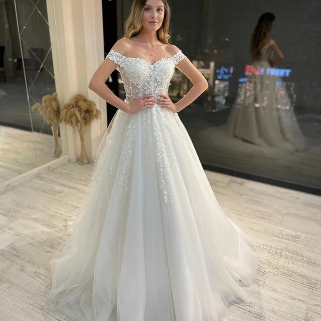 SDRESS Womens Appliques Illusion Crew Neck Long A-line Bridal Wedding Dress 