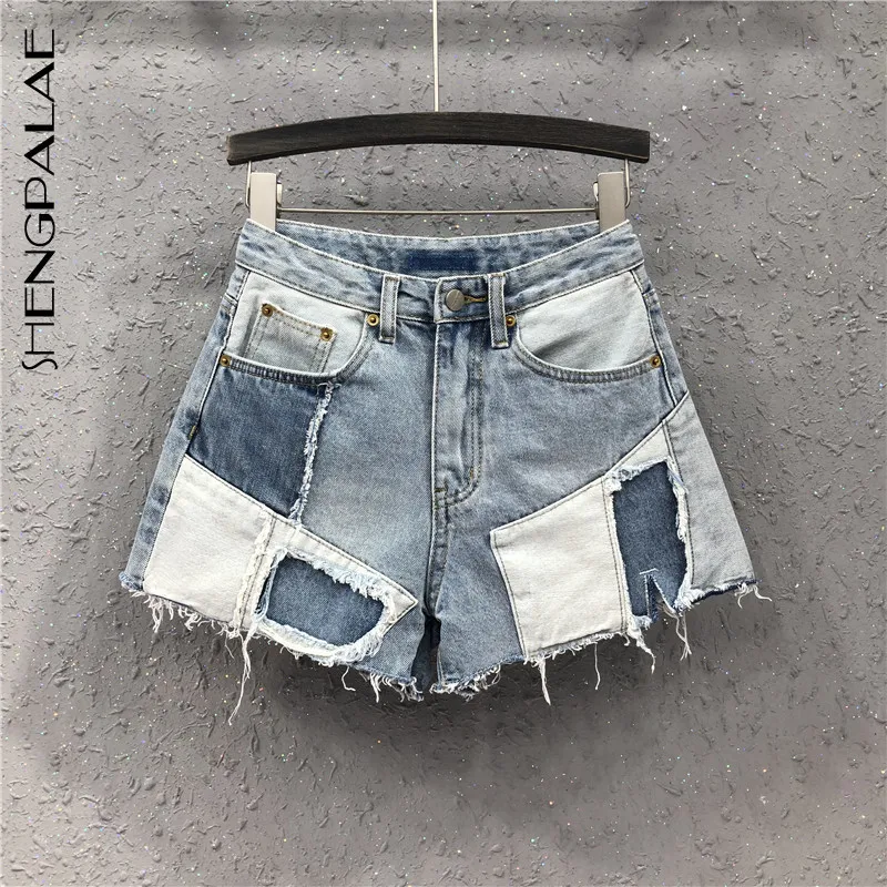 

SHENGPALAE New 2019 Summer European Style Personality Stitching Contrast Drawsting High Waist Women Loose Straight Shorts FR375