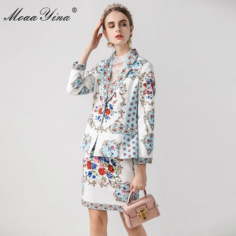 

MoaaYina Fashion Designer Suit Spring Autumn Women Long sleeve Floral-Print Suit Tops+Beading Short skirt Elegant Two-piece set