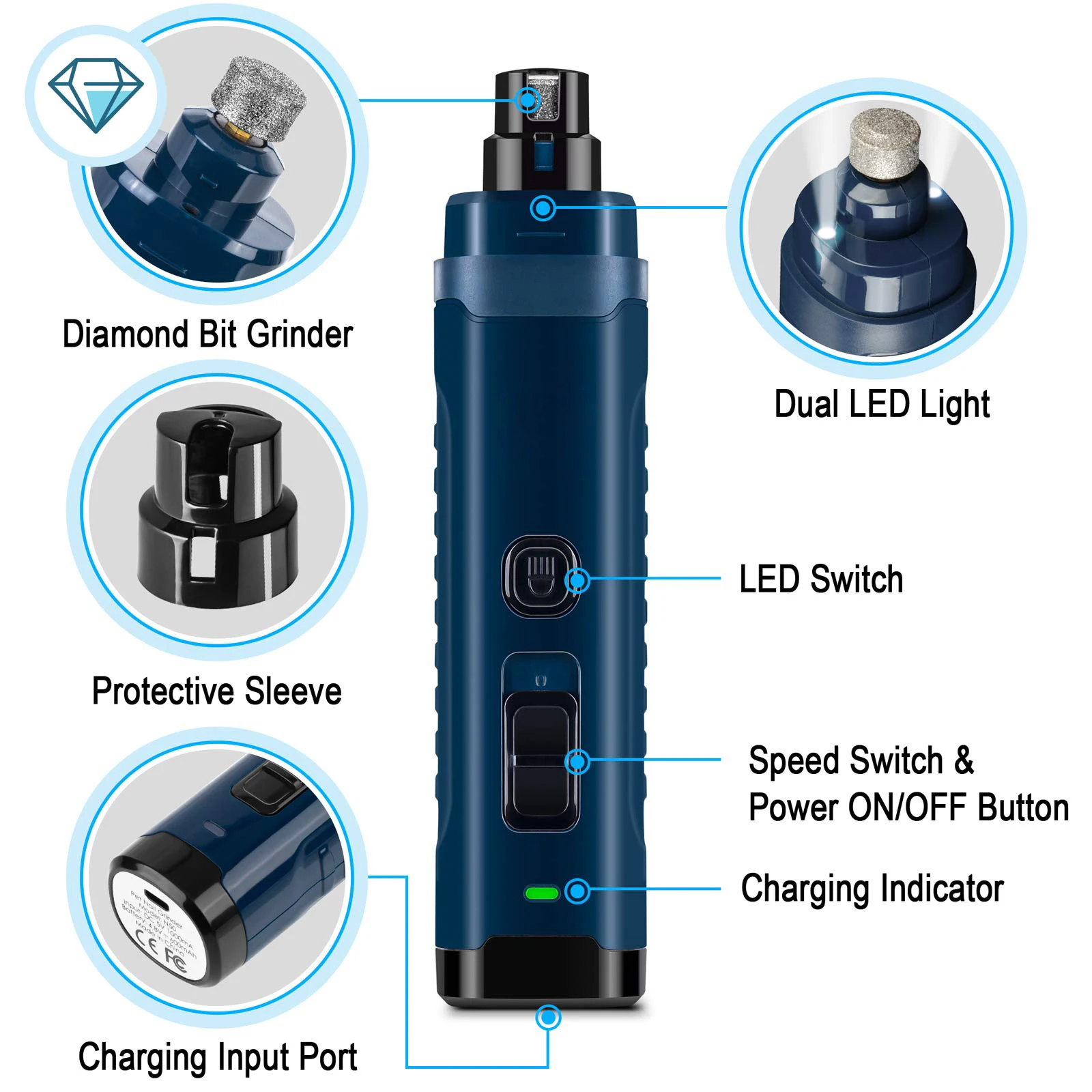 Newest Dog Nail Grinder with 2 LED Light-[Enhanced 4.8V Motor 3X More Powerful] 2-Speed Rechargeable Electric Pet Trimmer