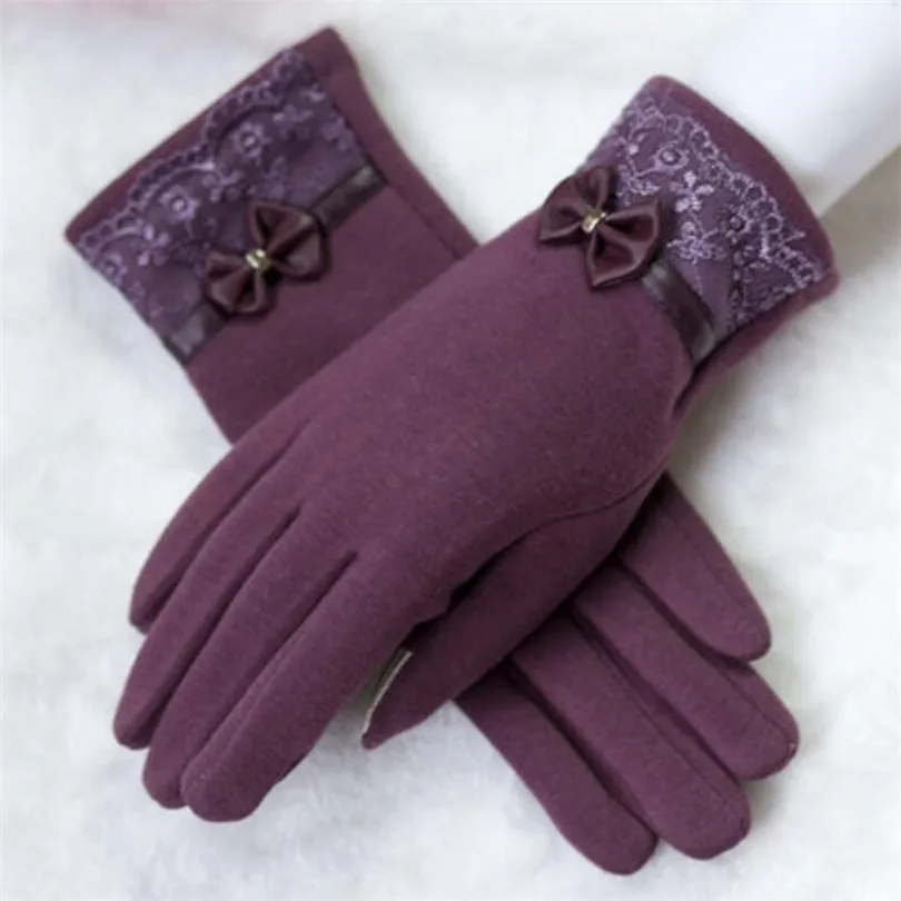 New Bow purple YRRETY, женские кашемировые перчатки для улицы, Осень-зима, женские теплые перевернутые рукавицы, хлопковые перчатки на запястье, однотонные женские шерстяные перчатки - Цвет: New Bow purple