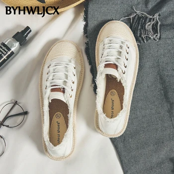 

2019 Sell Hot Summer Breathable Women's Canvas Shoes Lace-up Student Fisherman Shoes Flat Espadrilles Casual Women's White Shoes