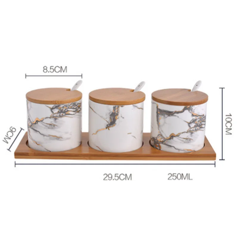 

250ML Marbled ceramic seasoning jar spice cans household set combination kitchen salt shaker spice box with spoon lid tray