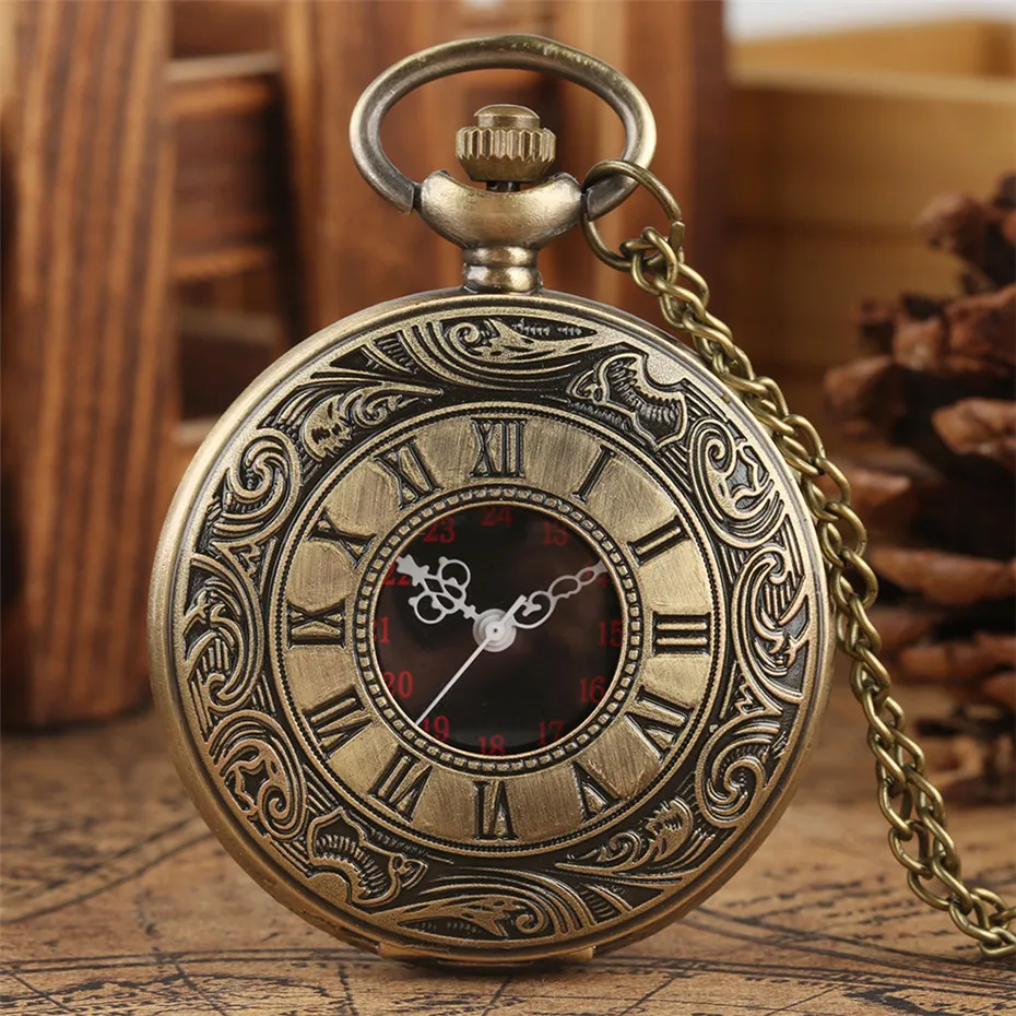 Black Roman Numerals Quartz Pocket Watch Men Women Black Hollow Case Steampunk Vintage Pendant Necklace Best Gifts for Men Women