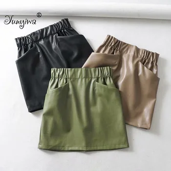 

Women Skirts Above Knee Mini Women's double pocket elastic waist PU Faux leather skirt Jupe Femme Faldas Mujerskirt