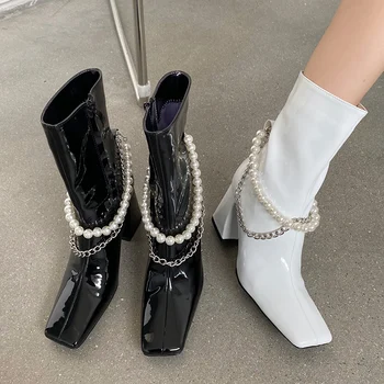 

2020 INS Luxury Women White Chunky High Heels Pearl Ankle Boots Winter Suqare Toe Western Patent Leather Boots Drag Queen Shoes