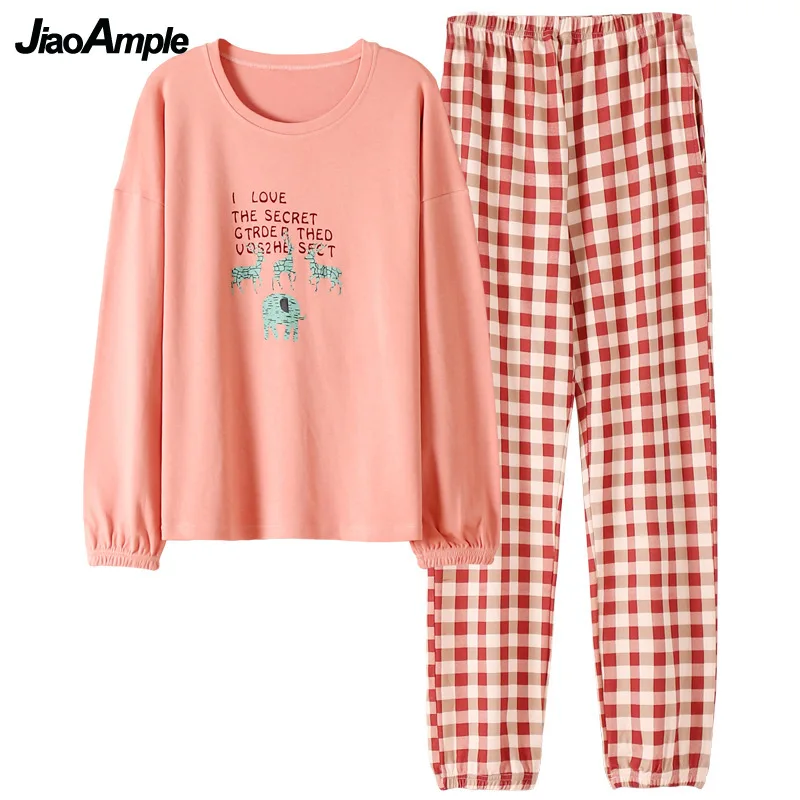 100% Cotton Pajamas 2021 Autumn New O-Neck Long-sleeved Trousers Pijamas Two-piece Set Women Nightwear Pyjamas Home Clothes Suit