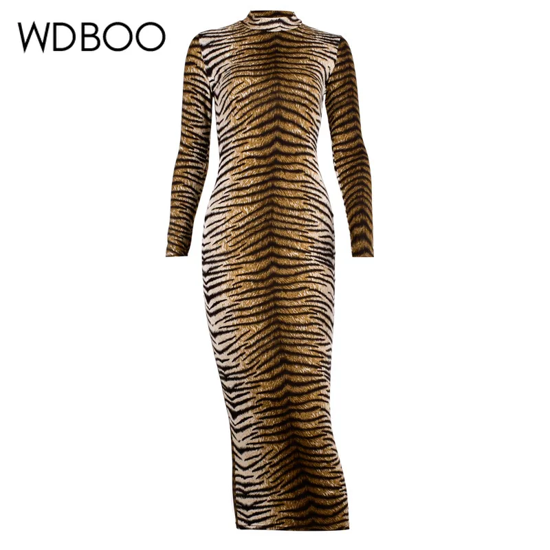 

WDBOO Autumn Winter Tiger Stripes Maxi Dress Bodycon Long Sleeve Office Lady Elegant Club Dress Women Skinny Stretchy Robe