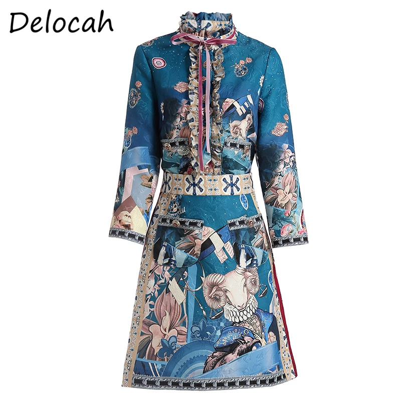 

Delocah Spring Summer Women Set Runway Fashion Designer Long Sleeve Simple Bow Vintage Printed Short Skirt Two Pieces Suits
