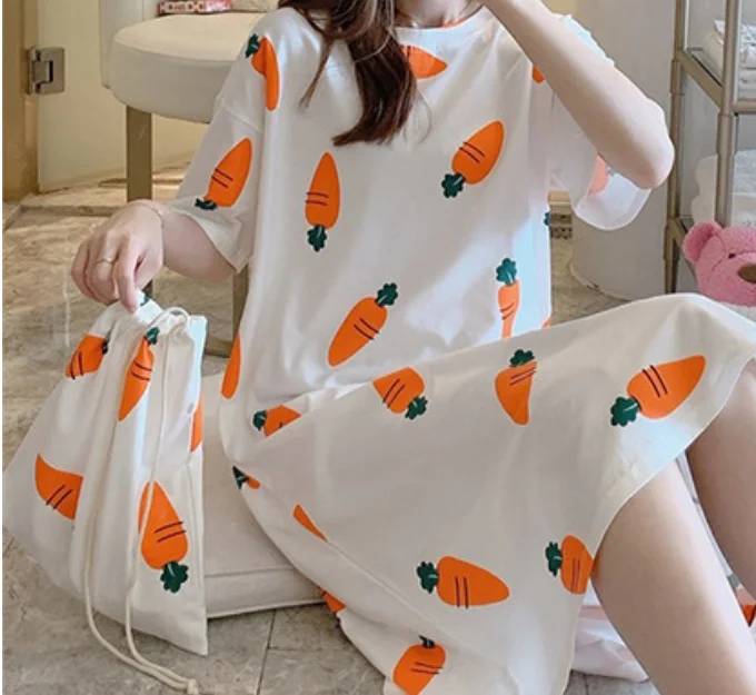

2021 New Spring Summer Cartoon Printed Women Dress O neck Casual Loose Short Sleeve Home suit for women Robe Sleepwear Pijimas