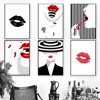 

Fashion Girl Silhouette Sexy Red Lips Wall Art Canvas Painting Nordic Posters And Prints Wall Pictures For Living Room Decor