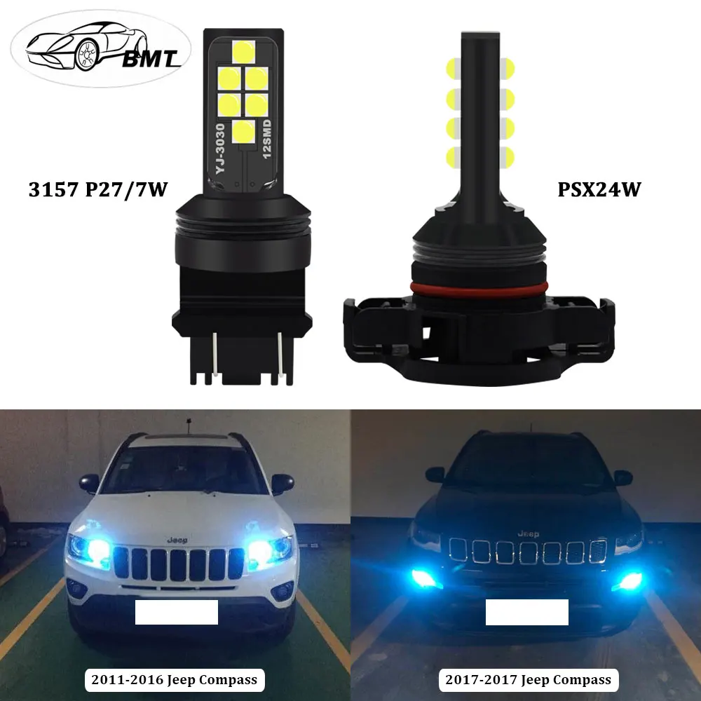 

BMT 1400lm Psx24w LED No Error Canbus 3157 p27/5w LED Bulbs for 2011-up Jeep Compass LED DRL Day Daytime Running Lights