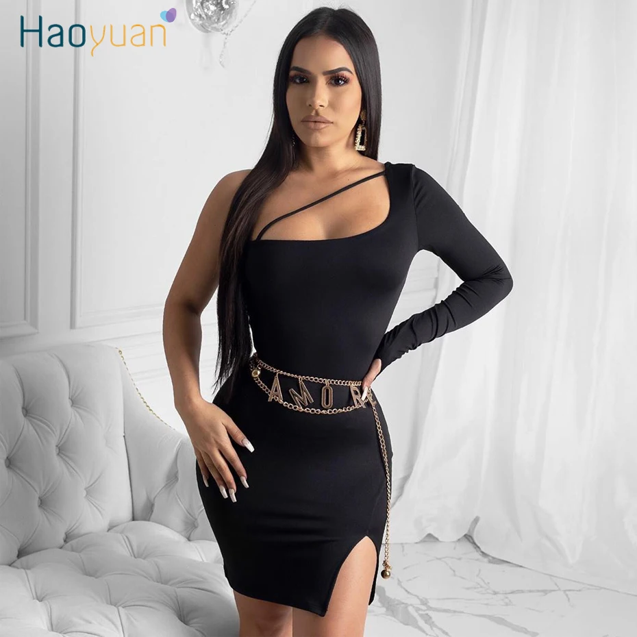 

HAOYUAN Sexy One Shoulder Long Sleeve Club Dresses Woman Party Night 2020 Summer Clother Package Hip Backless Bodycon Mini Dress