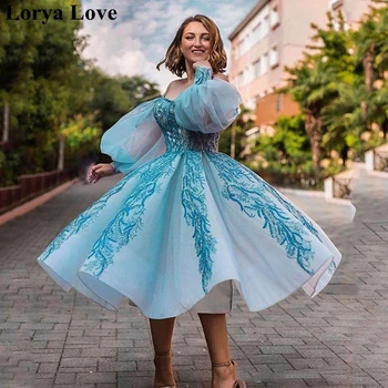 

Light Blue Short Prom Dresses 2020 Women Formal Party Night Evening Gowns 2020 Long Sleeves Off Shouder Sequins Vestido De Gala