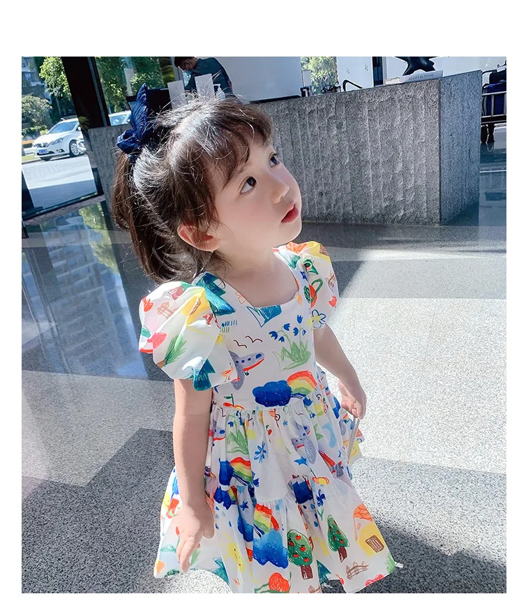 Summer Girls' Dress 2022 New Puff Sleeve Casual Cartoon Party Princess Dress Cute Children's Wear Baby Kids Girls Clothing baby girl skirt apparel