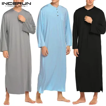 

INCERUN Men Robes Long Sleeve Pajamas Comfortable Solid Color Button Homewear Round Neck Button Bathrobes Mens Kaftan Sleepwear