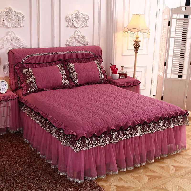 Thicken Quilted Bed Skirt Luxury Lace Embroidery Bed Frame Cover Warm Soft Bed Sheet Queen King Size Bedding Bedspread