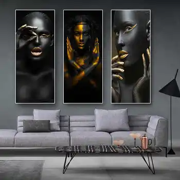 

Abstract Poster Printed Golden Fashion Black Woman Portrait Wall Art Canvas Print Picture for home decoration