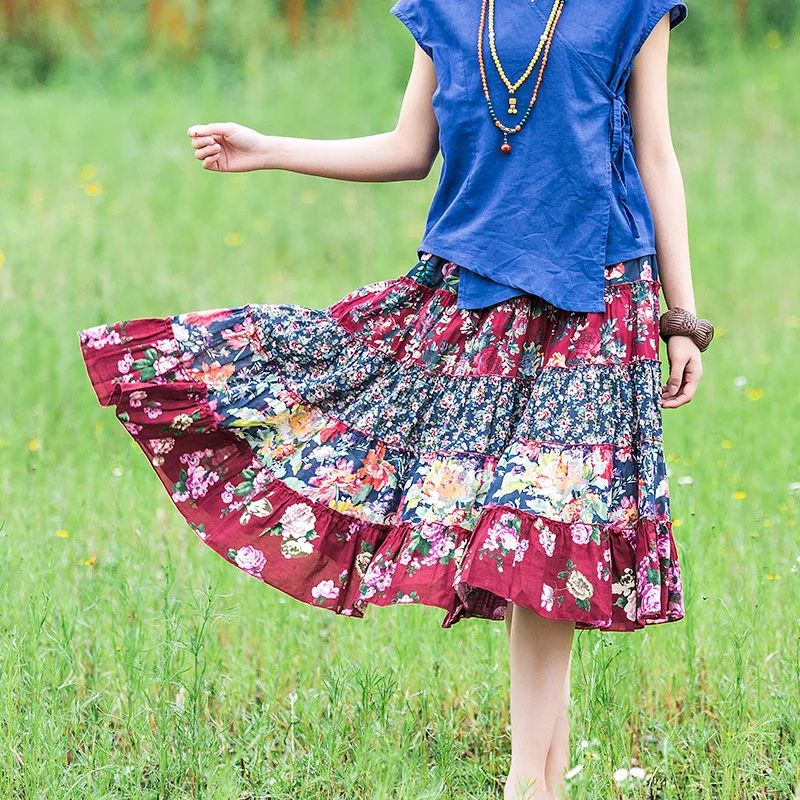 National Wind WOMEN'S Dress Summer Printed Skirt zhi pai Origional Elastic Waist Joint Big Skirt Holiday Trip Shoot Full Skirt